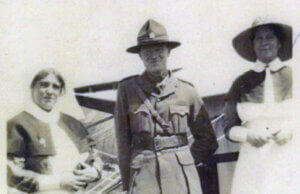 Photograph of Matron in Chief Ida Grce Willis 22/173, Captain Herbert Watson 90506, and Matron Maud Atkinson 22/176. Photo taken at Hazebrouck, France 1918